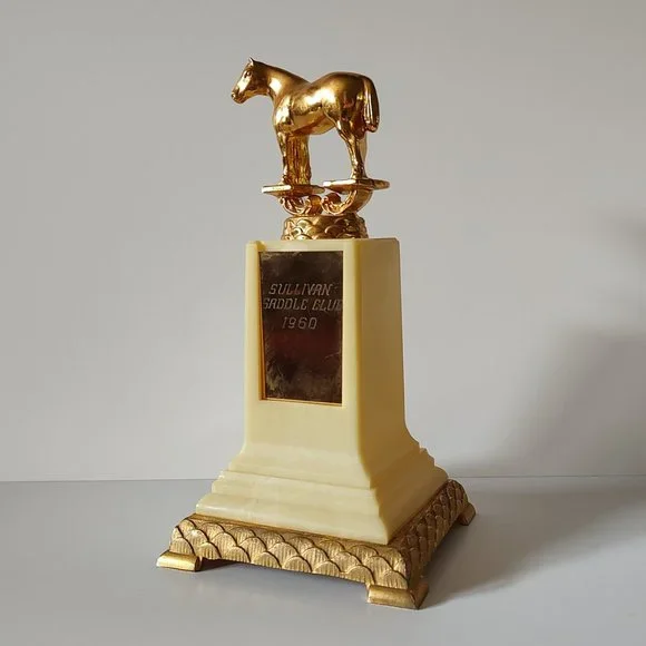 Vintage Trophy Horse on Gold & Ivory Base Sullivan Saddle Club 1960 Dodge Trophy